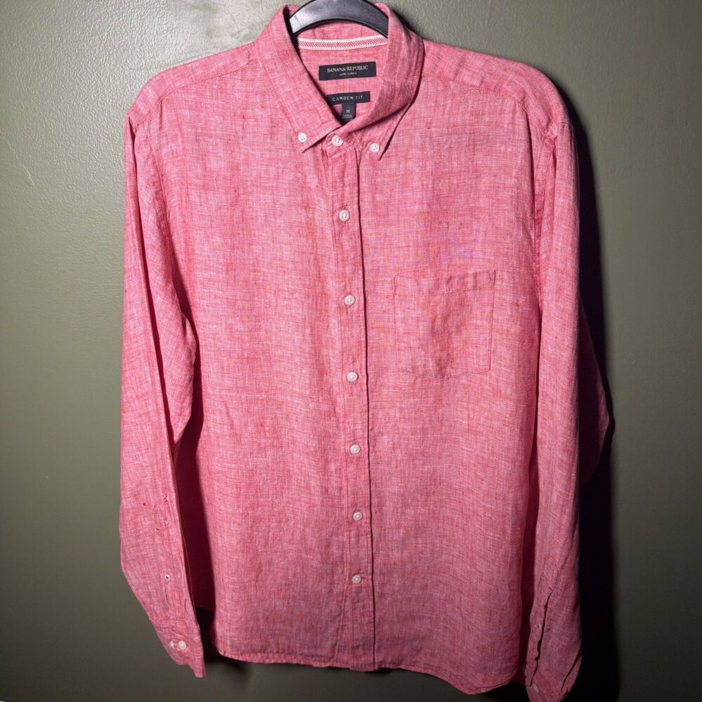 Banana Republic Men’s M 100% Linen Camden Fit Shirt Red Button Front Long Sleeve